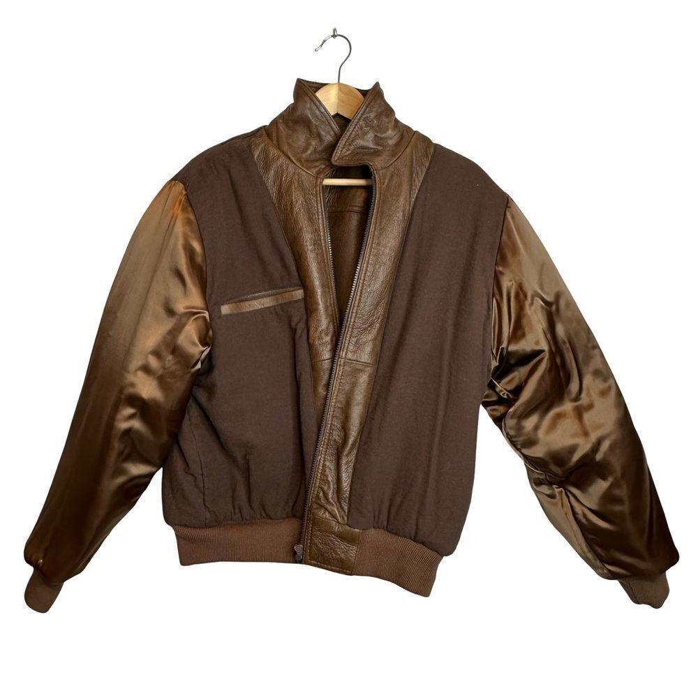 PHILIPPE MONET Vintage Brown Leather Zip Front Bomber Jacket Size 42 - Picture 5 of 16